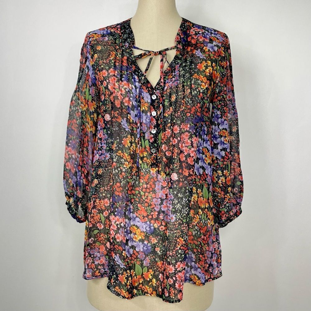 Bellatrix | floral  long sleeve Blouse Small , sheer, tie neck, multicol…